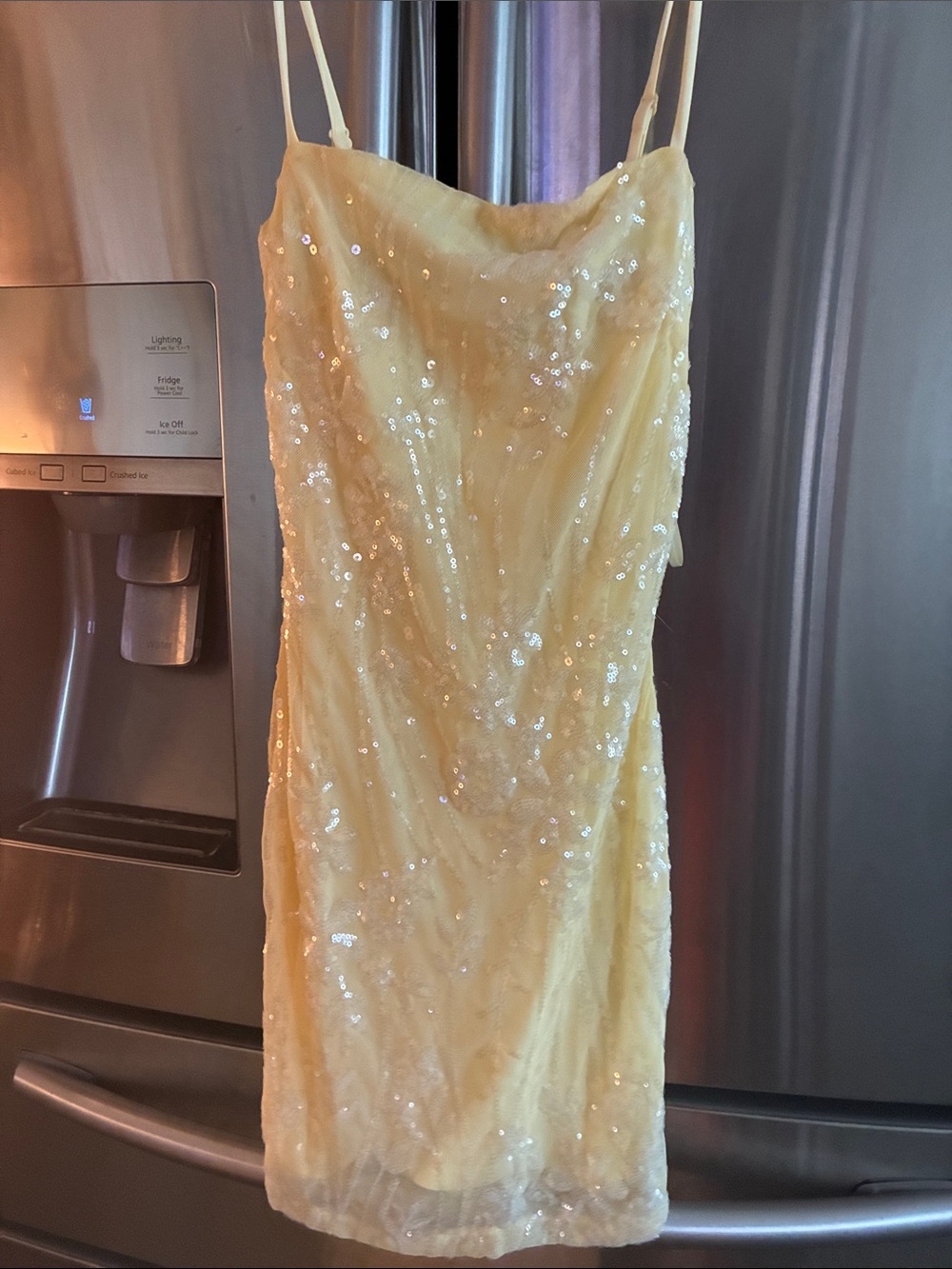 Windsor Pale Yellow Sequin Spaghetti Strap Mini Dress